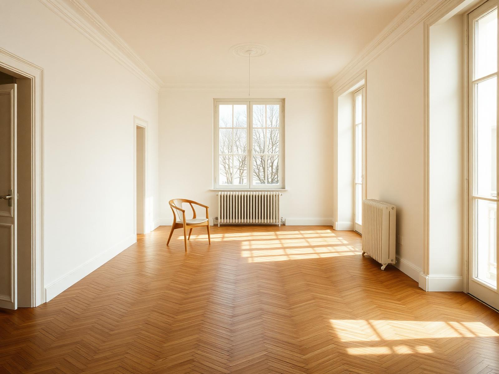 Intérieur d'appartement lumineux avec parquet en chevrons